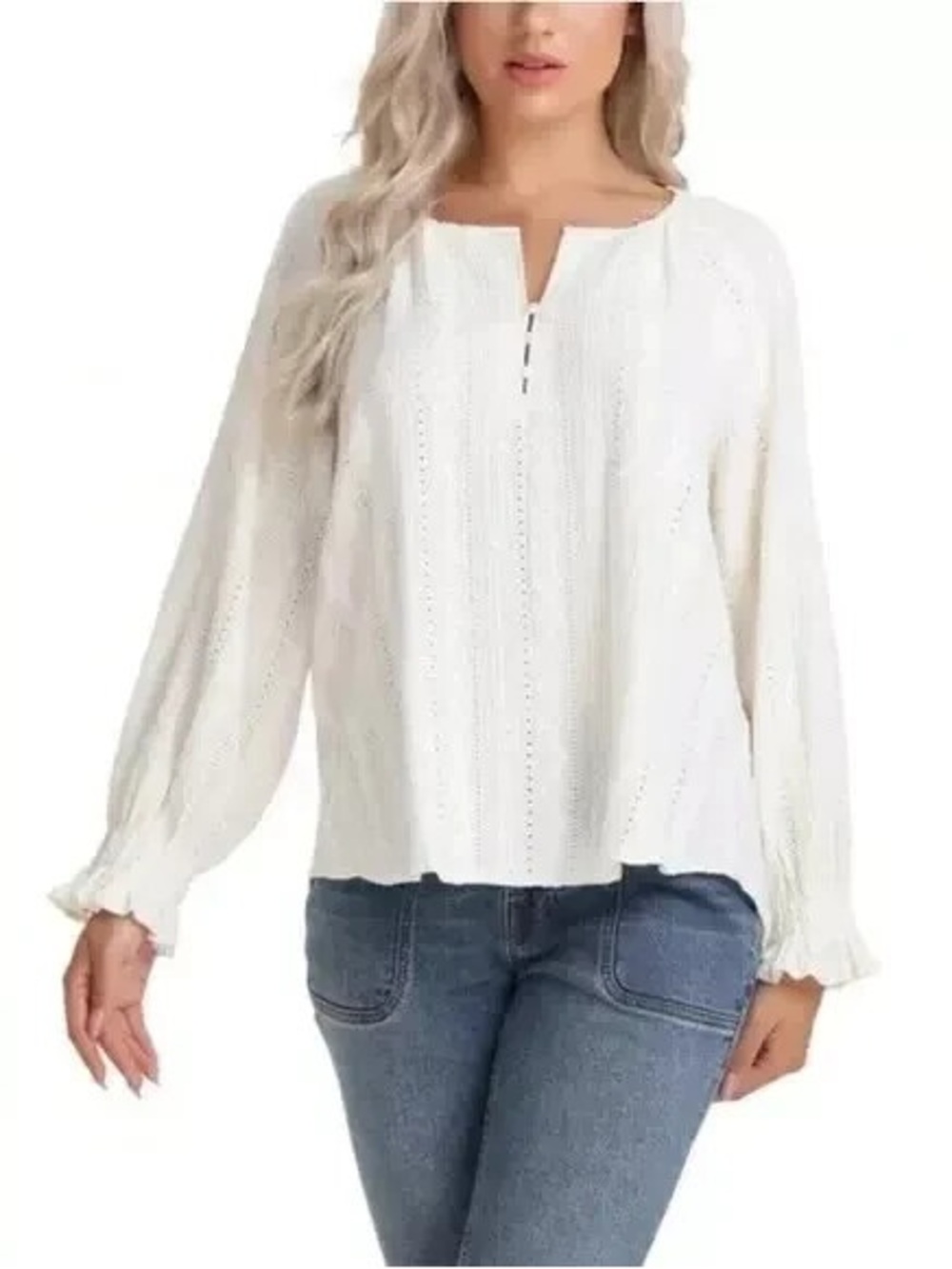 Frye boho Cream Long-Sleeve Split-Neck Top small